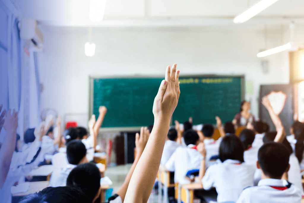 students raise their hands during lessons