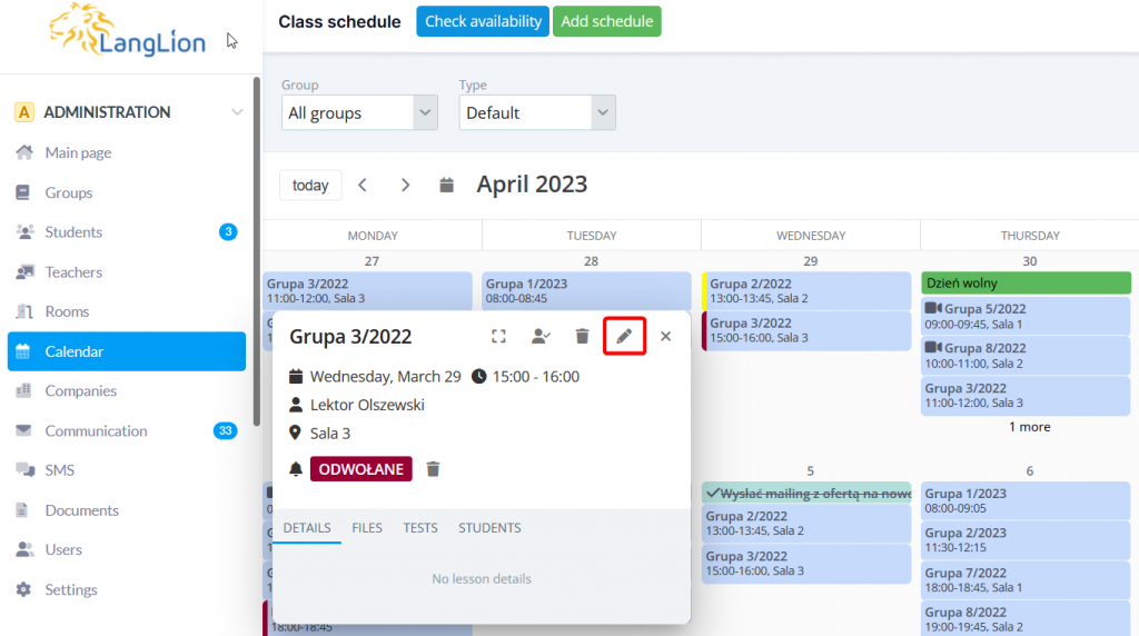 langlion new feature calendar edit lesson