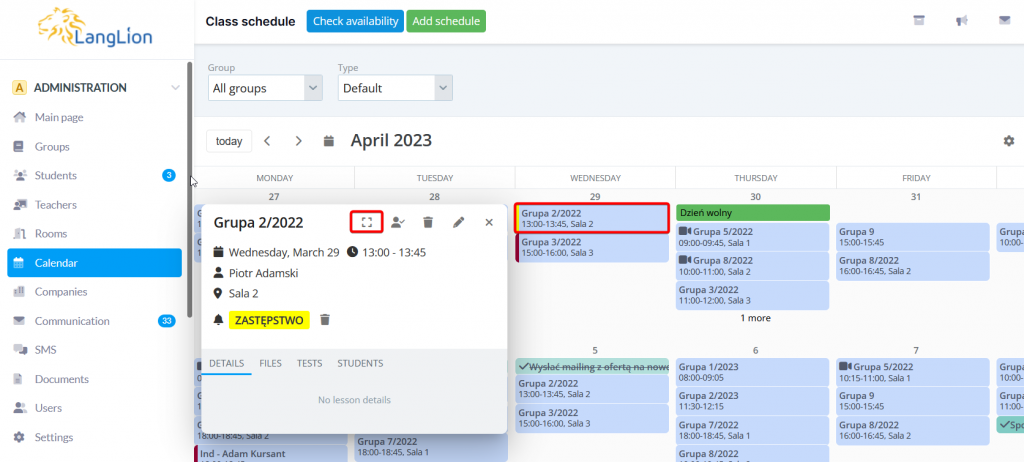 langlion new feature calendar enlarged view lesson details