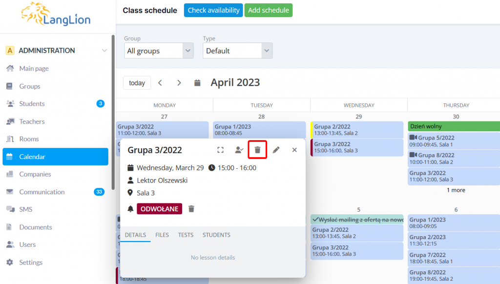 langlion new feature calendar remove lesson