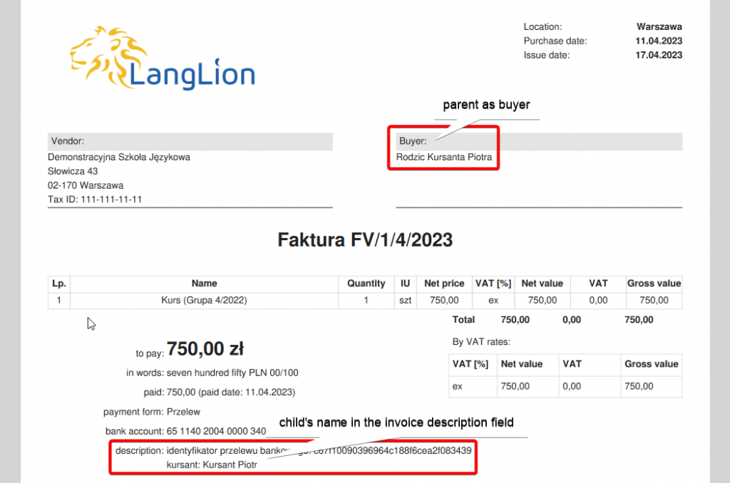 langlion automatically generated invoice
