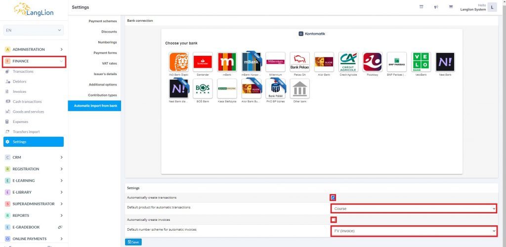 langlion finance module transfer import kontomatik integration