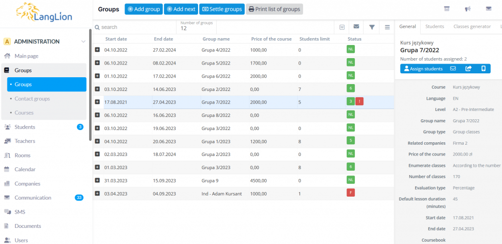 langlion administration new calendar group new tab