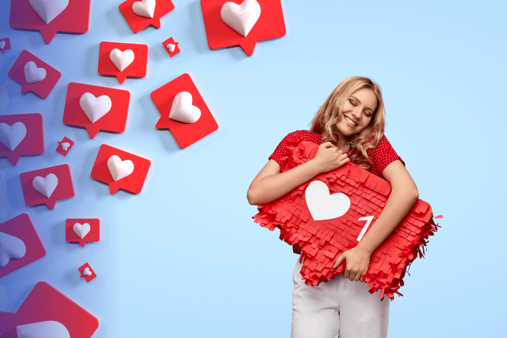 woman holds heart-shaped button from instagram