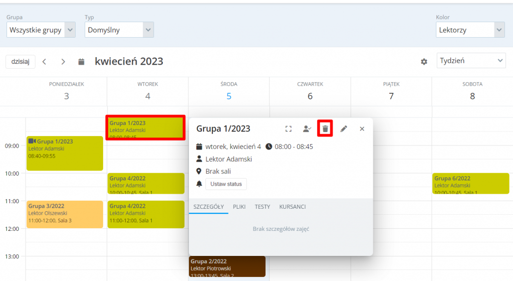 langlion nowe funkcje moduł sekretariat zakładka kalendarz usuwanie lekcji