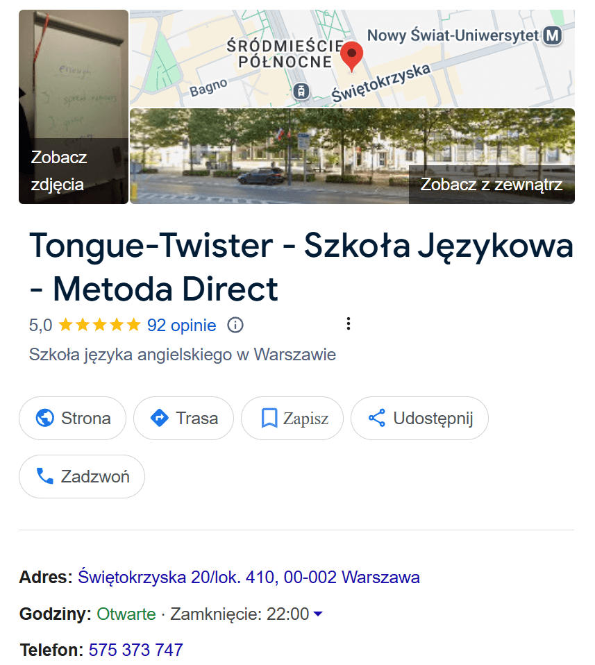 wizytówka szkoły językowej