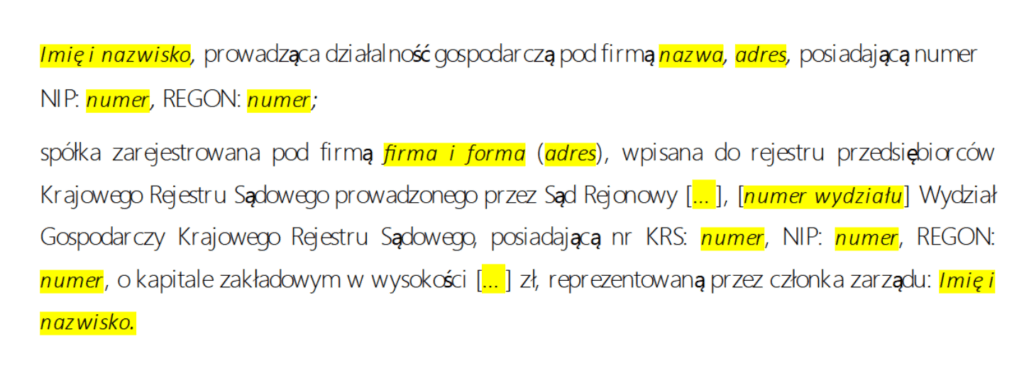 Oznaczenie stron - umowy na półkolonie