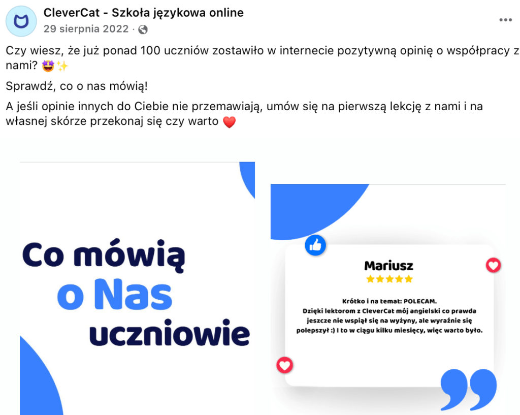 screen z opiniami o szkole CleverCat na Facebooku
