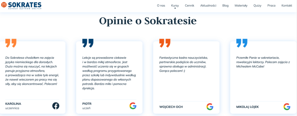 sekcja o opiniach na stronie szkoły językowej Sokrates