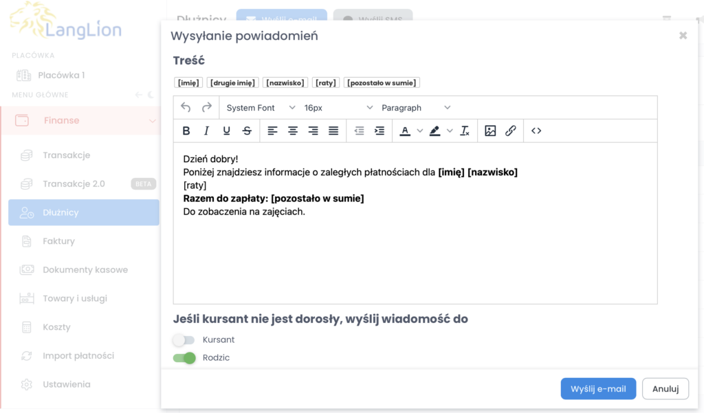 Wysyłanie powiadomień do dłużników w LangLion