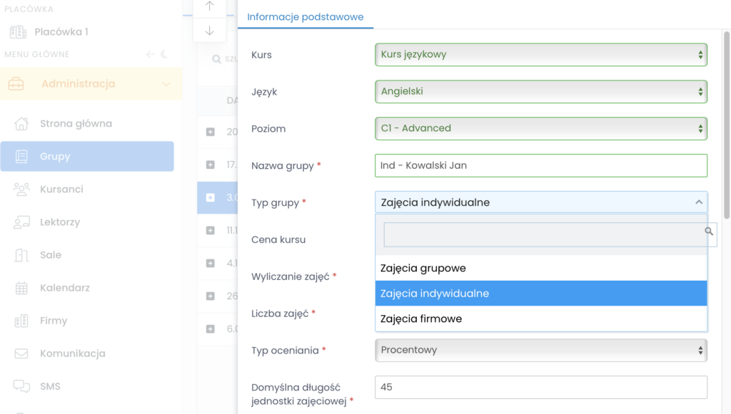 screen z systemu LangLion pokazujący konfigurację typu zajęć
