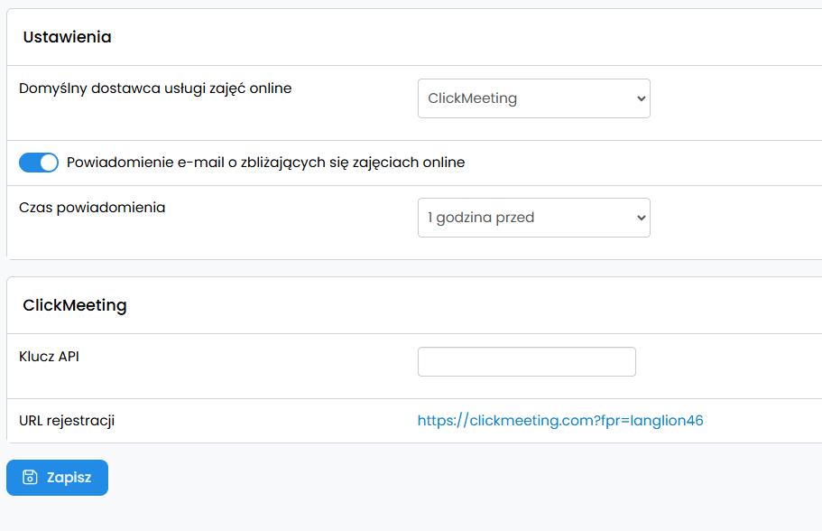 screen z modułu Nauczanie Online w LangLion