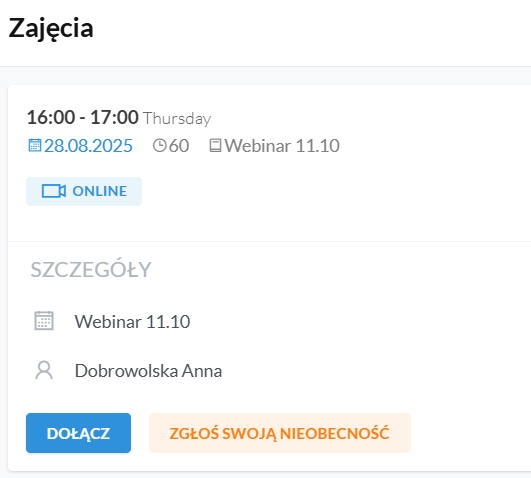screen z modułu Nauczanie Online w LangLion