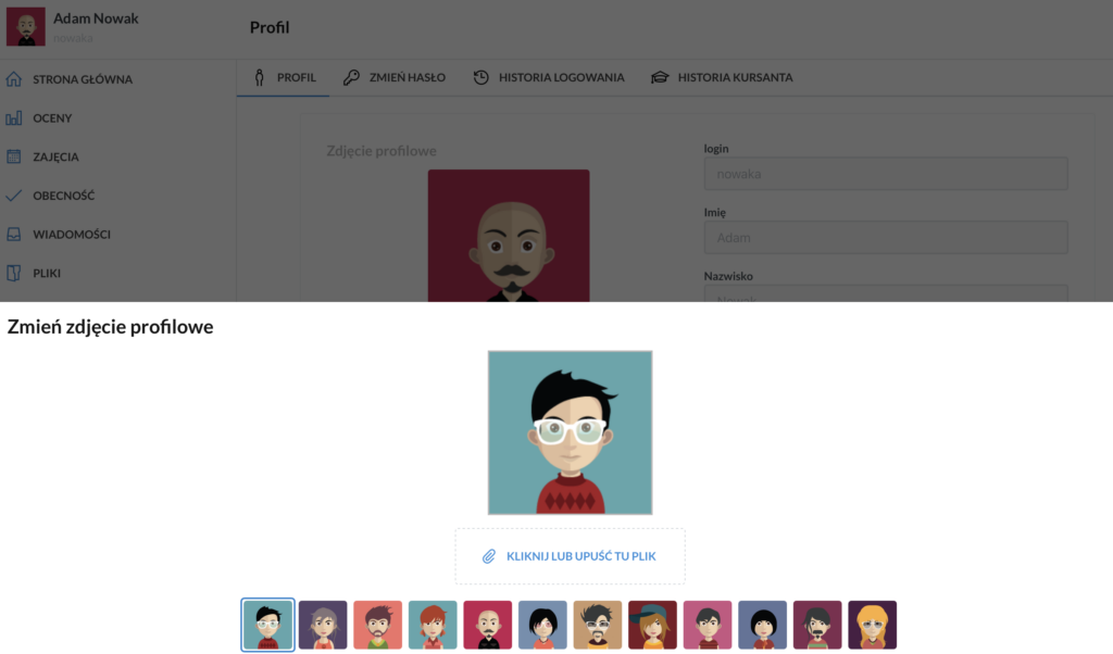 widok panelu kursanta w LangLion: avatar