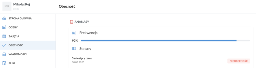 widok panelu kursanta w LangLion: obecność
