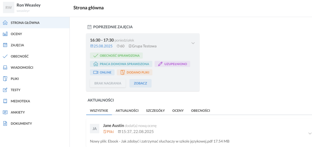 widok panelu kursanta w LangLion: strona główna