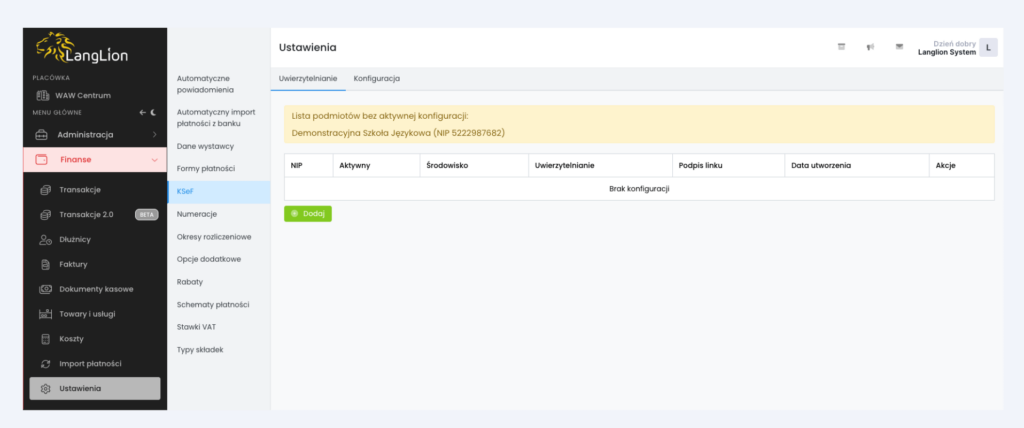 Konfiguracja KSeF w LangLion: aktywacja certyfikatów - cd1