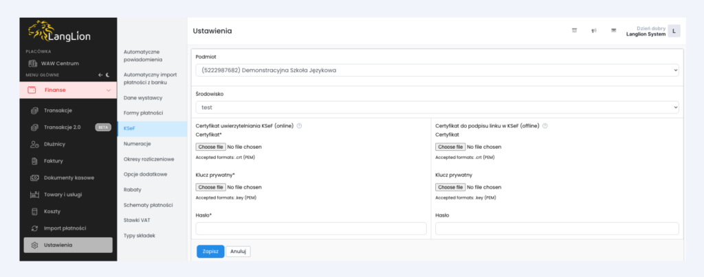 Konfiguracja KSeF w LangLion: aktywacja certyfikatów - cd2
