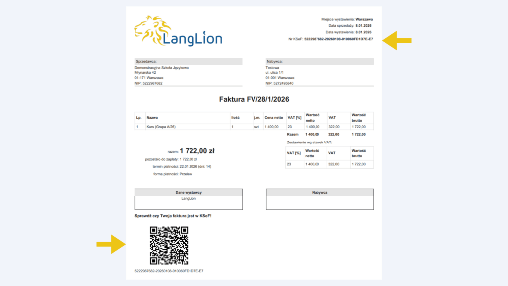Utworzenie faktury w LangLion i przesłanie do KSeF