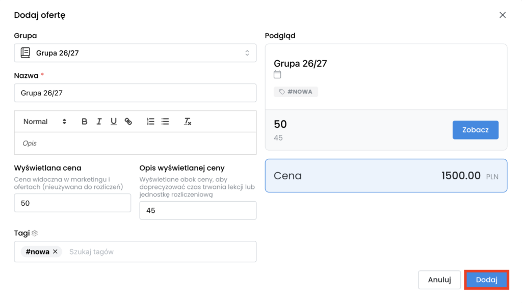 zapisy online: dodawanie oferty w langlion