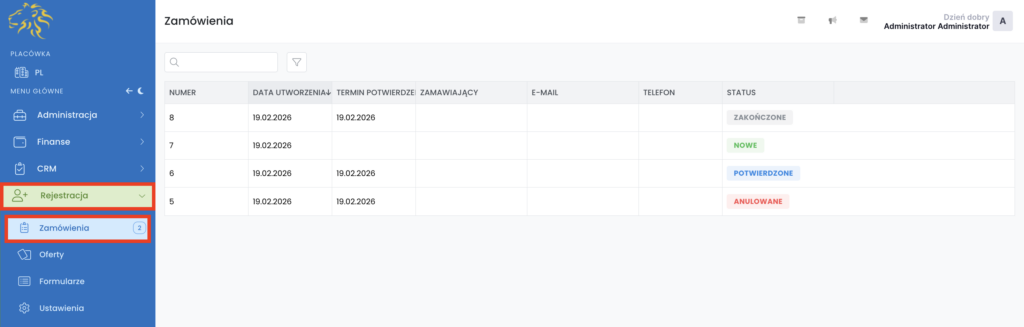 zapisy online: lista zamówień