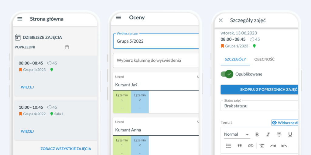 Widoki mobilne panelu lektora w LangLion