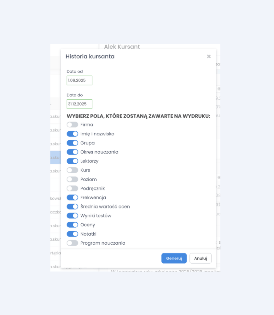 Okres nauczania w raporcie postępów
