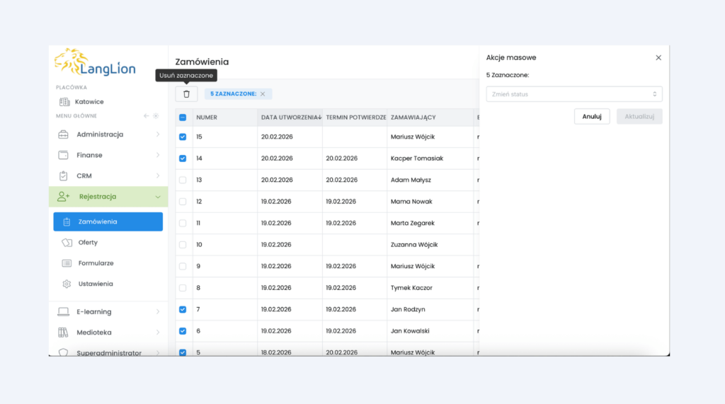 Usuwanie zamówień: krok 1