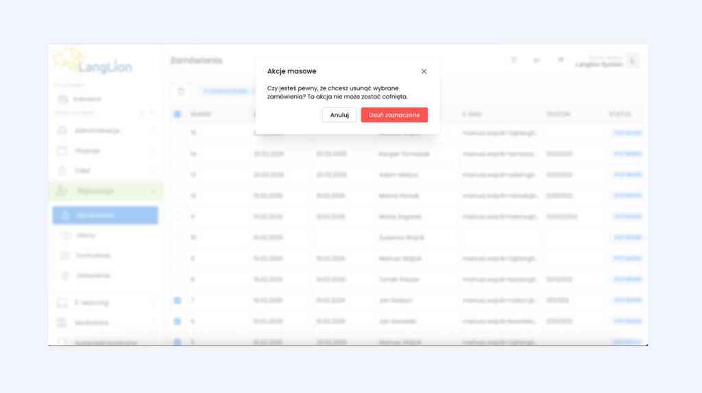 Usuwanie zamówień: krok 2