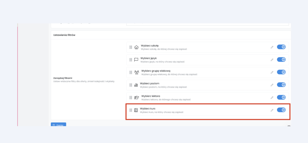 Filtrowanie po kursie w zapisach online